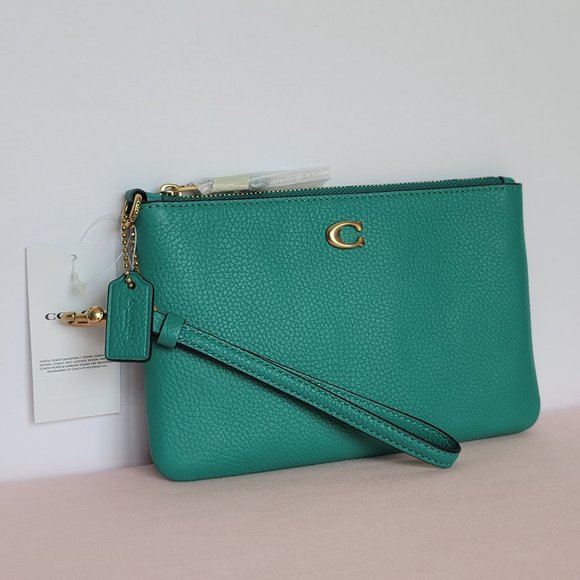 COACH Small Wristlet in Polished Pebbled Leather -Bright Green Color - Picture 4 of 16